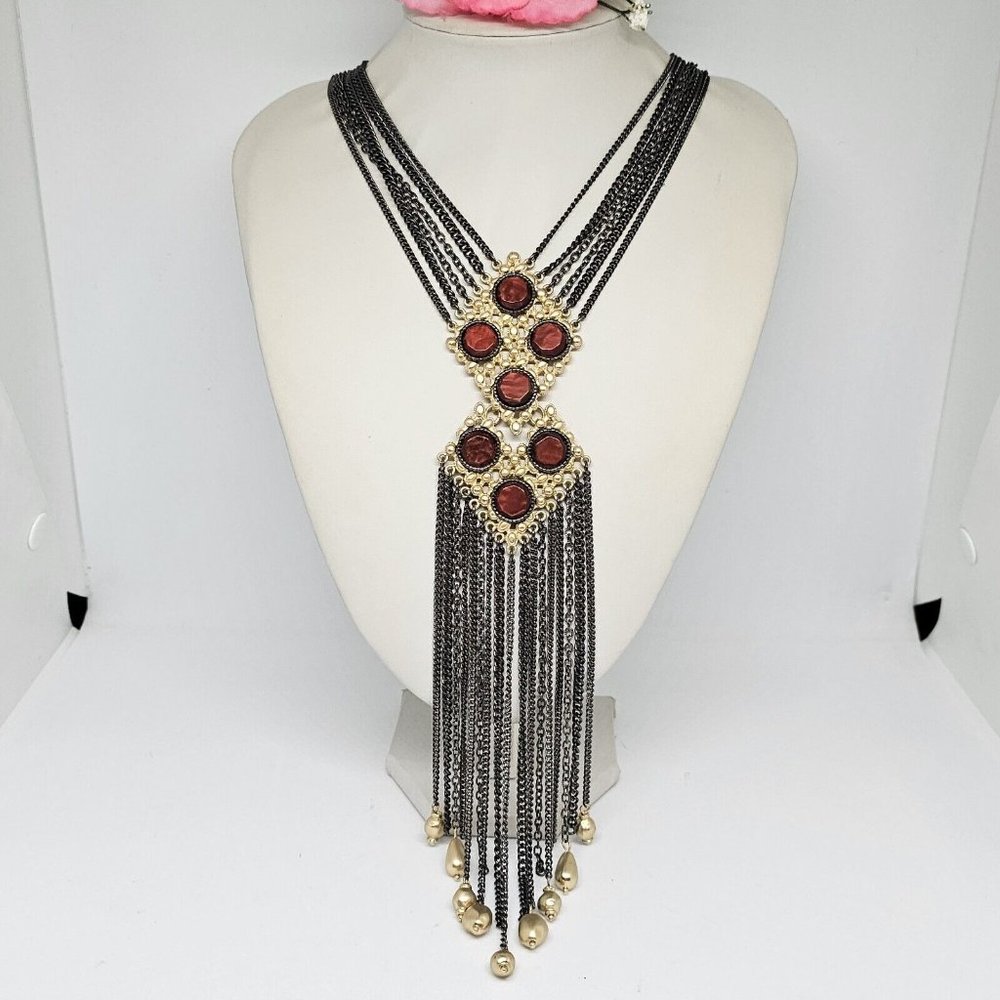 Chicos Tassel Pendant Necklace Gray Gunmetal Tone Fringe Boho Costume Jewelry